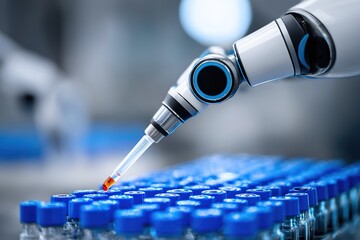 Robot arm using pipette to transfer liquid in research laboratory at a science facility