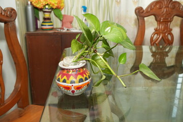 Lush Pothos Plant in a Colorful Hand-Painted Pot on a Glass Table