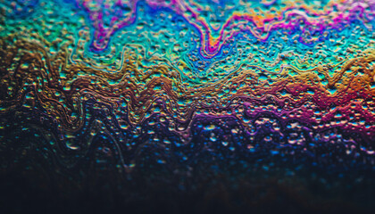 Obraz premium Abstract vibrant macro background of an iridescent soap film with flowing psychedelic colors and liquid texture.