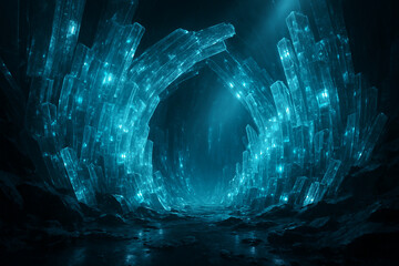 Glowing Blue Crystal Portal Forming Futuristic Gateway with Shimmering Energy in Dark Cave Environment