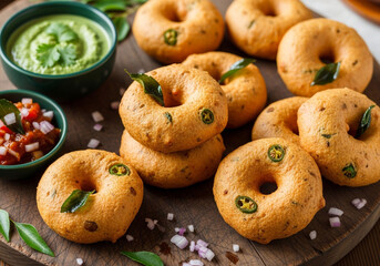Naklejka premium Delicious Medu Vada a popular South Indian snack served with green chutney and tomato onion salsa on a wooden board, close-up shot