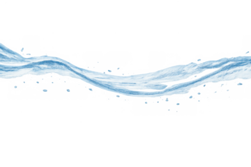 Blue refreshing water stream splashing and flowing horizontally, transparent aqua liquid with droplets