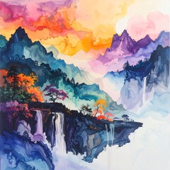 Watercolor Painting of Mountain Landscape with Waterfalls.