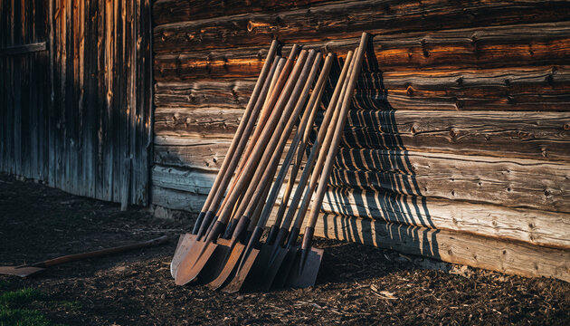 A row of rusty, vintage garden shovels leaning against a weathered wooden log cabin wall, illuminated by warm evening sunlight, casting sharp shadows on the logs.