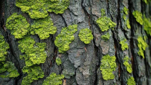 Close up of rough textured tree bark with green lichen patches