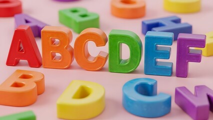 Vibrant plastic ABCDEF letters illustrate early childhood education, spelling, and language development on a pink surface.