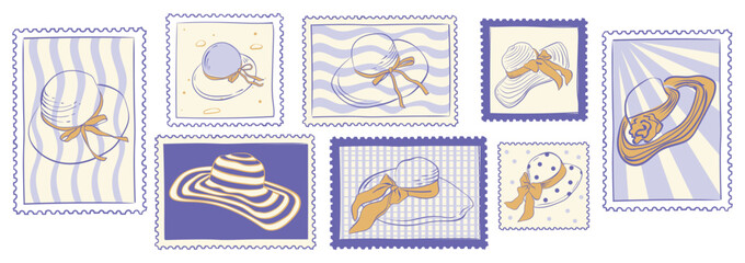 Hat postage stamps set in vintage hand drawn style. Summer sea, sun and marine elements. Vector bundle.