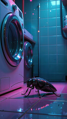 Vertical photo of a large glossy black cockroach on a tiled floor. Neon cyan and magenta lighting in a laundry room with a washing machine. Pest control and urban infestation concept