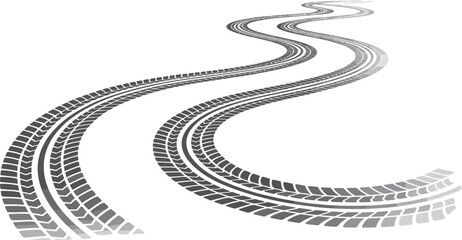 Winding tire track marks in perspective, black rubber tire prints isolated on white background, vector illustration © Sume