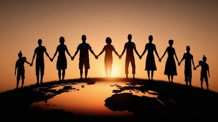 Silhouettes of Diverse Individuals Holding Hands Against a Vibrant Sunset, Unified on a Globe Representing Harmony and Global Togetherness - Powered by Adobe