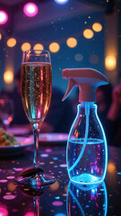 Vertical photo of a cockroach on a champagne glass next to a spray bottle. Pest control and hygiene concept at a party. Infestation in a nightclub setting with neon bokeh lights