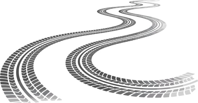 Winding tire track marks in perspective, black rubber tire prints isolated on white background, vector illustration