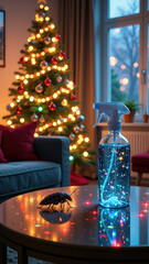 Vertical photo of a black cockroach on a polished table next to a glowing cyan spray bottle. Festive Christmas tree background with lights. Pest control and extermination concept