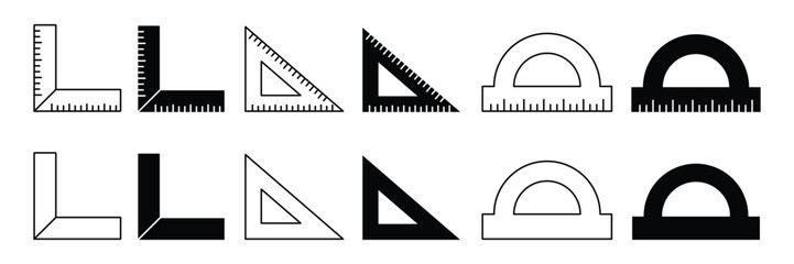 Set of Black Ruler and Triangle Icon for Education, Geometry, Measurement, Technical Drawing, Architecture, School Supplies, Math Tools, and Design Illustration.