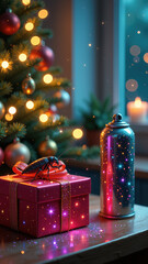 Cockroach on a red gift box in a festive holiday setting. Vertical photo of a pest infestation during Christmas. Pest control and insecticide concept
