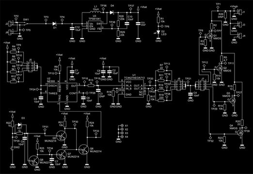 Schematic diagram of digital electronic device 
on paper sheet. Vector drawing electrical circuit with 
micro chip, resistor, integrated circuit, capacitor,
transistor, diode, inductor, led, other.