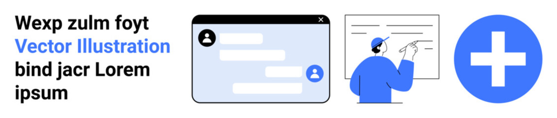 Obraz premium Communication, healthcare, education, teamwork, virtual tools, digital media. A chat window, person presenting and medical cross. Communication and healthcare concept reflecting online interaction
