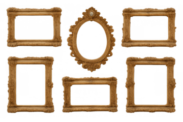 Collection of antique golden frames, featuring intricate baroque and victorian design details. Transparent background