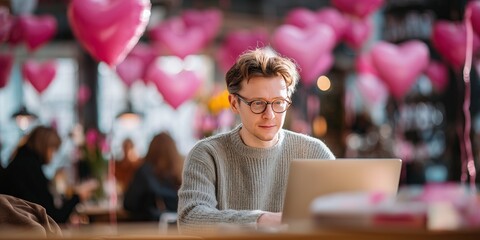 Young freelancer works at laptop in sunlit cafe decorated with Valentine hearts. Focused expression contrasts with soft festive background.