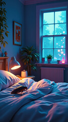 Large cockroach on a white bedsheet in a bedroom at night. Vertical illustration of an insect on a bed with neon cyan and orange lighting. Pest infestation and cockroach control concept