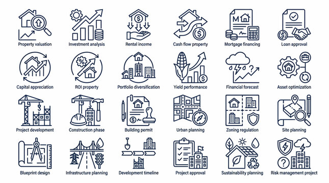 Real Estate and Property Development Icons Set. EPS Editable