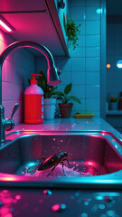 Vertical shot of a cockroach in a stainless steel kitchen sink with neon pink and teal lighting. Pest control and infestation concept. Glowing insect on soapy foam