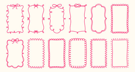 Set of Pink Hand Drawn Decorative Borders and Frames with Ribbons and Bows for Wedding Invitations, Greeting Cards, and Scrapbooking Projects
