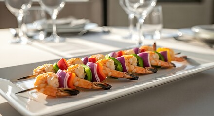 Shrimp skewers with colorful vegetables arranged elegantly on a white platter, showcasing a gourmet seafood dish ideal for culinary presentations and dining experiences