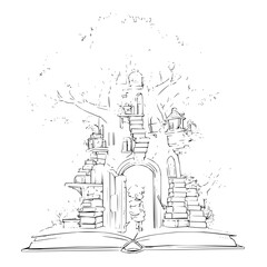 Fototapeta premium Fantasy Castle Emerging from Open Book with Staircases and Archway