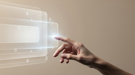 A hand reaches out to a glowing digital interface, symbolizing interaction with technology and innovation in a modern context.
