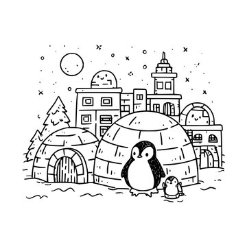 Penguin standing in front of igloo in snowy cityscape at night