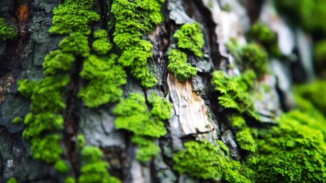 Close up of textured tree bark covered with bright green moss
