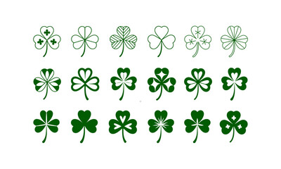 Green shamrock and clover icon set with various line styles and solid shapes for St. Patrick's Day