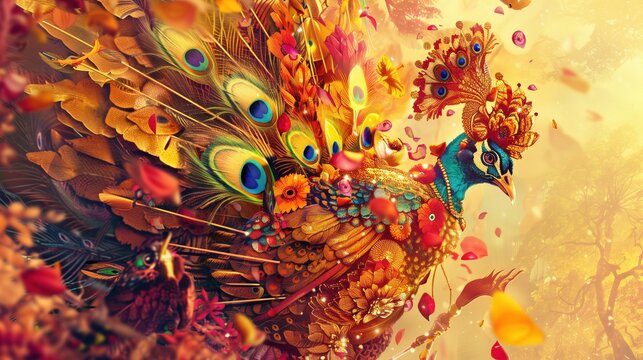 Thaipusam: illustration of Tamil devotee carrying elaborate golden kavadi during Thaipusam festival, ornate peacock feathers and flower decorations, vel skewers, vibrant colors