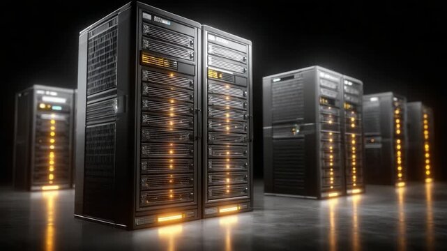 High-Tech Data Center Featuring Multiple Server Racks with Illuminated Indicators and a Sleek, Modern Design in a Dark Environment