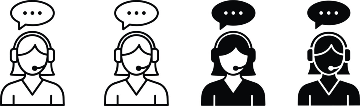 Customer service representative icon set featuring female support agents with headsets and speech bubbles in line art styles.