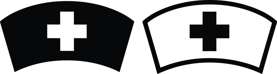 Obraz premium Nurse cap icon set featuring medical cross symbols in black silhouette and outline styles for healthcare and nursing concepts.