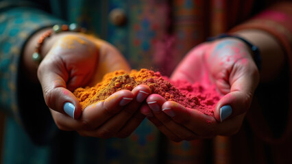 Two hands gently touching fingertips covered in vibrant multicolored holi powder, concept of unity celebration, holi festival, diversity harmony