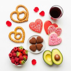 Fototapeta premium Delicious Valentine's Day treats and healthy snacks arranged on white