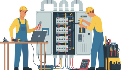 Two electricians in uniform and hard hats repairing industrial electrical panel, professional maintenance and engineering, vector