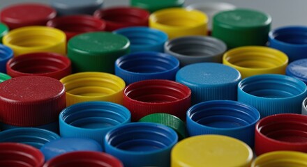 A large group of plastic bottle caps in various colors, ready for recyclingConcept of plastic waste for recycling and material reuse