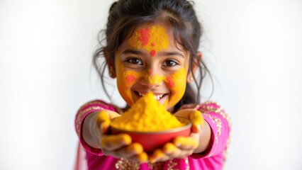 Indian girl smiling at camera offering yellow holi powder with open hands, face covered in vibrant orange pigment wearing pink traditional outfit against white background, holi festival