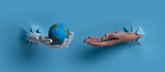 Passing on Sustainability: Robot Offering Globe to Human, Environmental Management