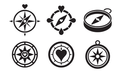 Collection of Compass Icons with Heart Motifs for Love Direction and Navigation Concepts
