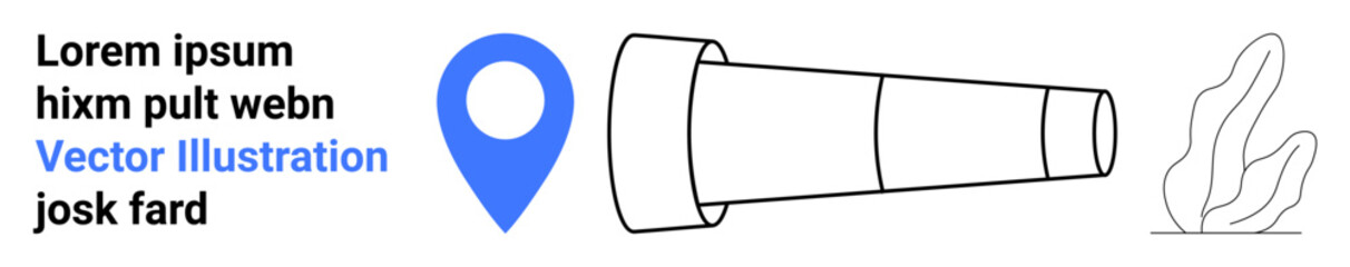 Navigation, exploration, location services, geographic tools, journey planning, abstract art. Blue location pin, telescope and artistic wave-thumbs up design. Navigation and exploration concept © robu_s