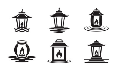 Floating Water Lantern Icons with Candle Flames for Toro Nagashi Ceremony and Festivals