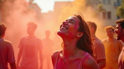 Joyful young woman laughing with face covered in vibrant powder outdoor, holi celebration with blurred crowd