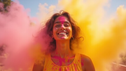Joyful young woman laughing with face covered in vibrant powder outdoor, holi celebration with blurred crowd