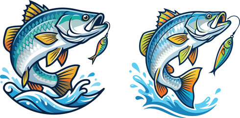 Jumping Barramundi Fish with Water Splash Vector Artwork -  barramundi fish, barramundi vector, fishing fish, sport fishing, jumping fish, fish with lure, fishing lure, fish mascot, fishing logo, cart