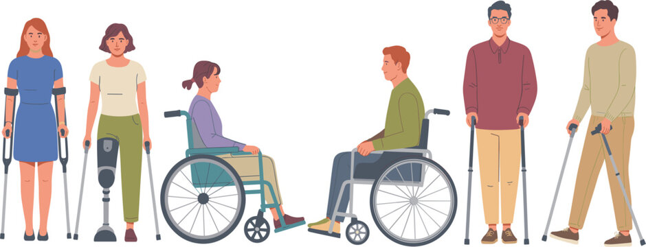 Group of people with physical disabilities using wheelchairs, crutches and prosthetic leg limbs, inclusive community, vector